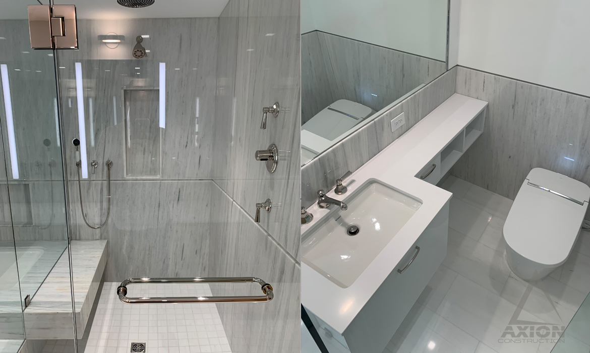 Tier One Bathroom Design, Build, Designed and
                Contracted by Axion Construction in St. Petersburg, FL,
                Shower, Sink and Toilets